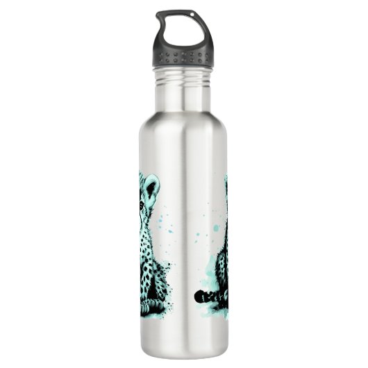 Blauwgroen Baby Cheetah Kindernaam Waterfles (Achterkant)