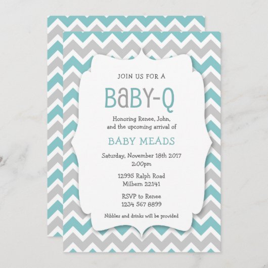 Blauwgroen Baby Q-uitnodiging / neutraal gender-ba Kaart (Voorkant / Achterkant)