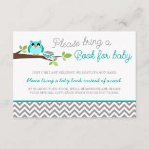 Blauwgroen Baby shower Boek Blauwe Owl Gray Chevro Informatiekaartje