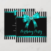 Blauwgroen Bak Black White Striged Birthday Party Kaart (Voorkant / Achterkant)
