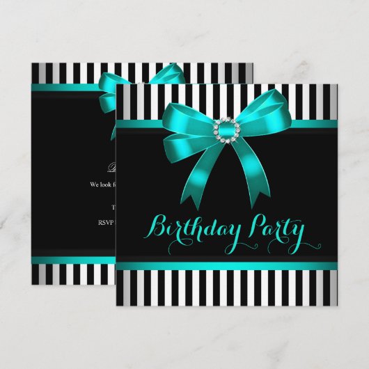 Blauwgroen Bak Black White Striged Birthday Party Kaart (Voorkant / Achterkant)