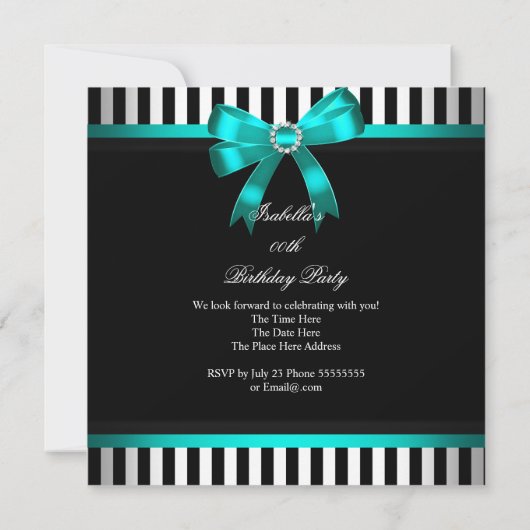 Blauwgroen Bak Black White Striged Birthday Party Kaart (Achterkant)