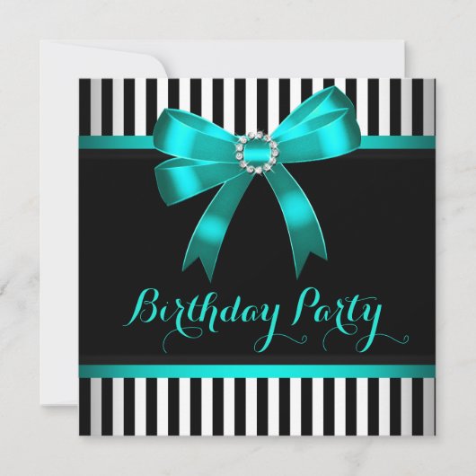 Blauwgroen Bak Black White Striged Birthday Party Kaart (Voorkant)