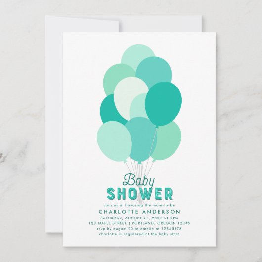 Blauwgroen ballonnen Baby shower uitnodiging (Voorkant)