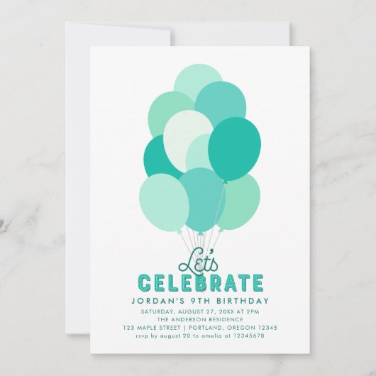 Blauwgroen ballonnen Elke Leeftijd Verjaardag Uitn Kaart (Voorkant)