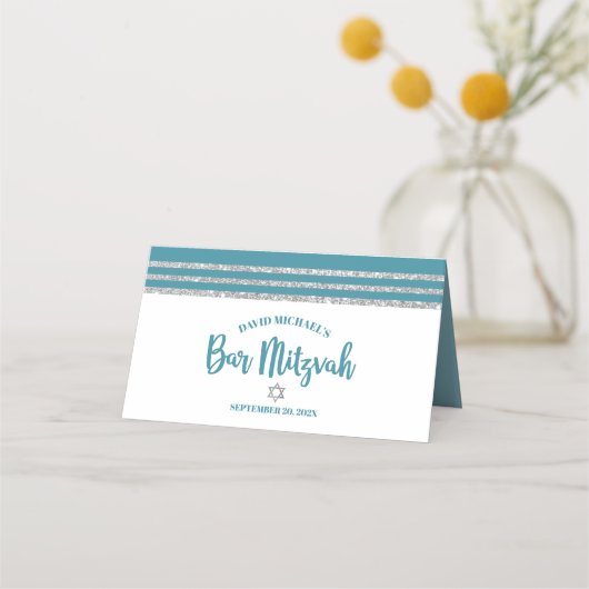 Blauwgroen Bar Mitzvah Silver Tallit Script Modern Plaatskaartje (Achterkant)