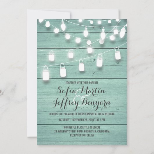 Blauwgroen Barn Wood en Mason Jar Lights Wedding Kaart (Voorkant)
