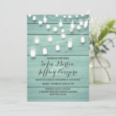 Blauwgroen Barn Wood en Mason Jar Lights Wedding Kaart (Staand voorkant)