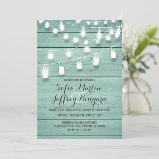 Blauwgroen Barn Wood en Mason Jar Lights Wedding Kaart (Staand voorkant)