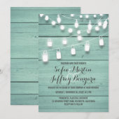Blauwgroen Barn Wood en Mason Jar Lights Wedding Kaart (Voorkant / Achterkant)