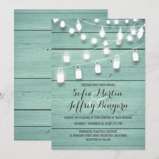 Blauwgroen Barn Wood en Mason Jar Lights Wedding Kaart (Voorkant / Achterkant)