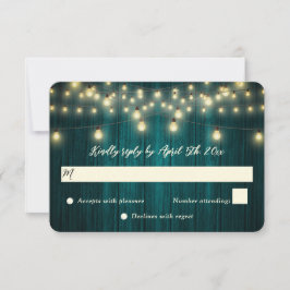 Blauwgroen Barn Wood String Lights Country Wedding RSVP Kaartje
