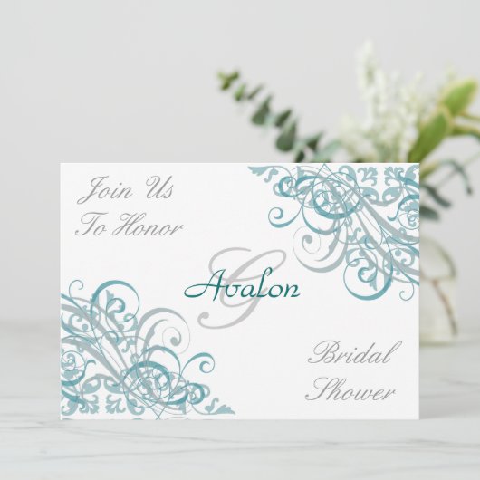 Blauwgroen Baroque Swirls Bridal Shower Kaart (Staand voorkant)