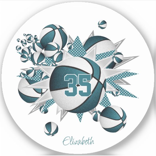 blauwgroen basketballen sterren meisjes jersey num sticker (Voorkant)