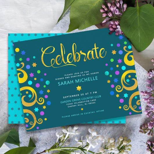 Blauwgroen Bat Mitzvah Gold Foil Tree of Life Mode Informatiekaartje