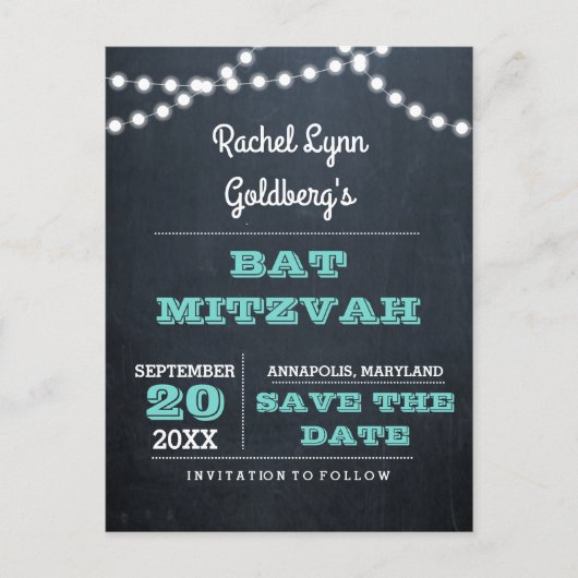 Blauwgroen Bat Mitzvah Label Friendly Save the Dat Aankondigingskaart (Voorkant)