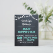 Blauwgroen Bat Mitzvah Label Friendly Save the Dat Aankondigingskaart (Staand voorkant)