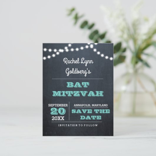 Blauwgroen Bat Mitzvah Label Friendly Save the Dat Aankondigingskaart (Staand voorkant)