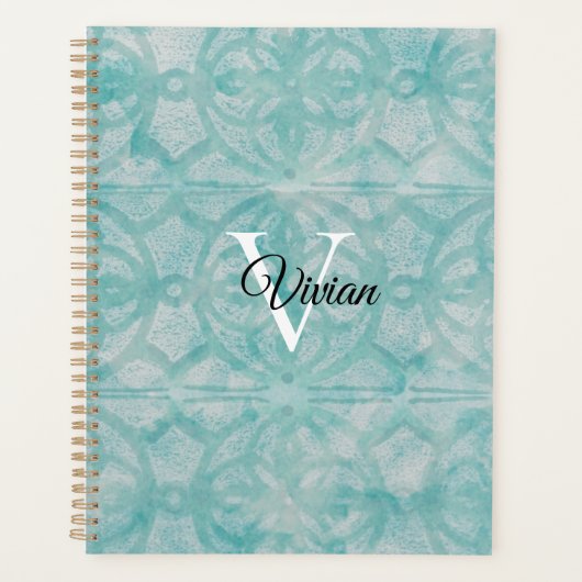 Blauwgroen Batik Elegant Monogram Naam Planner (Voorkant)