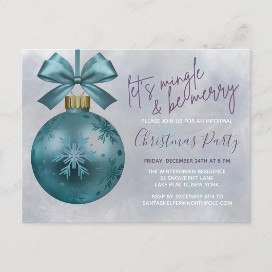 Blauwgroen Bauble Paarse Glitter Script Kerstparty Briefkaart (Voorkant)