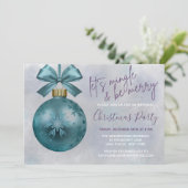 Blauwgroen Bauble Paarse Glitter Script Kerstparty Kaart (Staand voorkant)