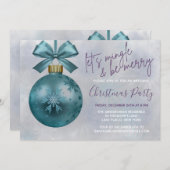 Blauwgroen Bauble Paarse Glitter Script Kerstparty Kaart (Voorkant / Achterkant)