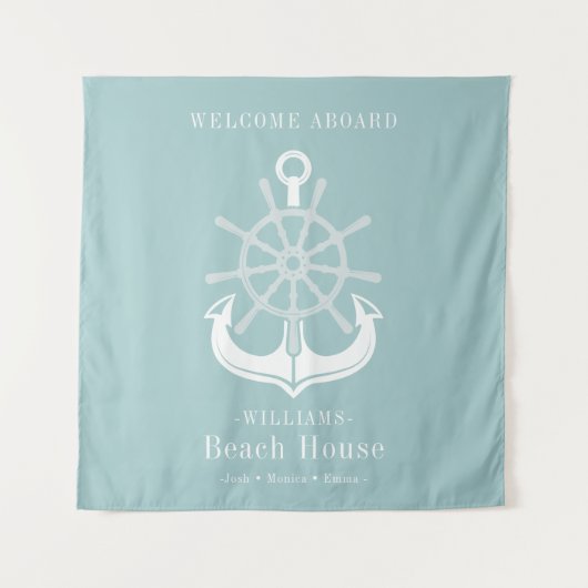 Blauwgroen Beach House Familienaam Anchor Wandkleed (Voorkant)