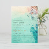 BLAUWGROEN BEACH SAND ROCK WATERVERF WEDDING INVIT BEDANKKAART (Staand voorkant)