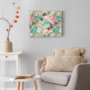 Blauwgroen Beige Abstract schilderij Bloemenpatroo Canvas Afdruk
