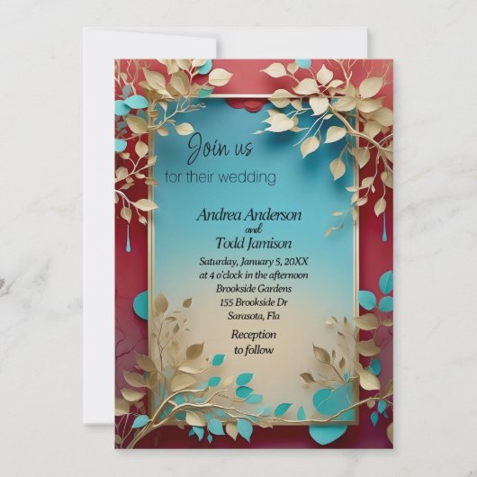 Blauwgroen beige bladeren rood gouden lijst bruilo kaart (Voorkant)