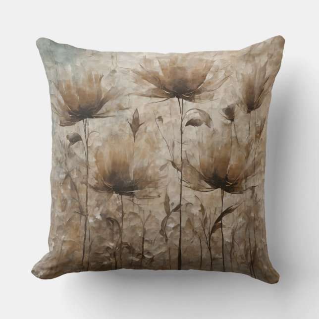 Blauwgroen Beige Bruine Decoratieve Bloemen Kussen (Voorkant)