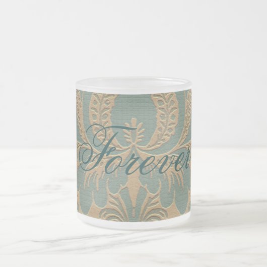 Blauwgroen Beige Damask Matglas Koffiemok (Center)