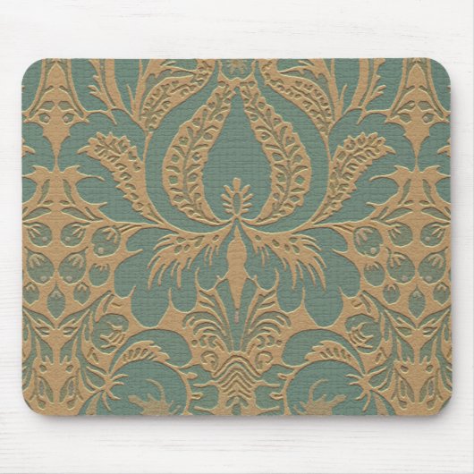 Blauwgroen Beige Damask Mousepad Muismat (Voorkant)