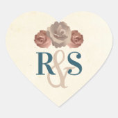 Blauwgroen, beige, puistroze monogram Harde Sticke Hart Sticker (Voorkant)