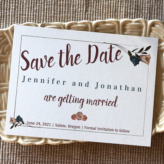  Blauwgroen, beige Roos bruiloft sparen de Datum Advieskaart