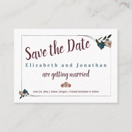  Blauwgroen, beige Roos bruiloft sparen de Datum Advieskaart (Voorkant)