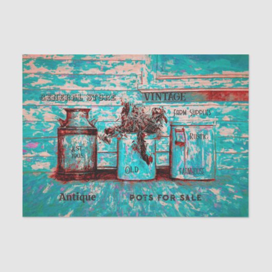 Blauwgroen Beige Rustic Ephemera Art Jugs Tissuepapier (Voorkant)