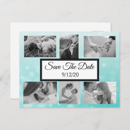 Blauwgroen belletjes Foto Opslaan Datum Aankondigingskaart (Voorkant / Achterkant)