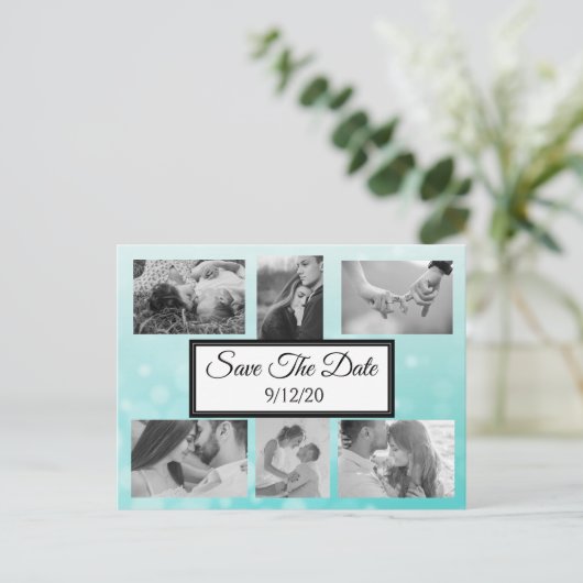 Blauwgroen belletjes Foto Opslaan Datum Aankondigingskaart (Staand voorkant)