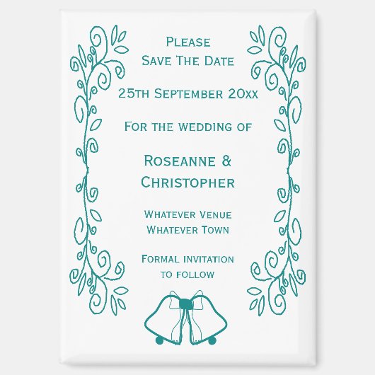 Blauwgroen Bells Scrollwork Design Wedding Sla de  Magneet (Voorkant)