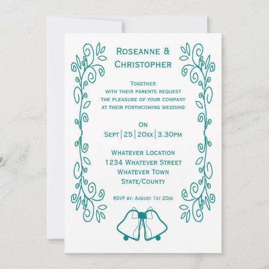 Blauwgroen Bells Scrollwork Ontwerp Wedding Kaart (Voorkant)