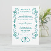Blauwgroen Bells Scrollwork Ontwerp Wedding Kaart (Staand voorkant)