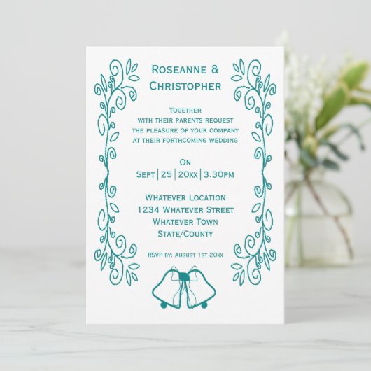 Blauwgroen Bells Scrollwork Ontwerp Wedding Kaart (Staand voorkant)
