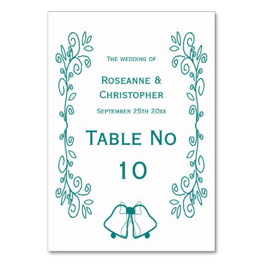 Blauwgroen Bells Scrollwork Ontwerp Wedding Kaart (Achterkant)