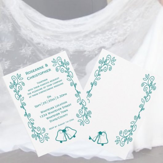 Blauwgroen Bells Scrollwork Ontwerp Wedding Kaart
