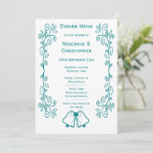 Blauwgroen Bells Scrollwork Ontwerp Wedding Menu (Staand voorkant)