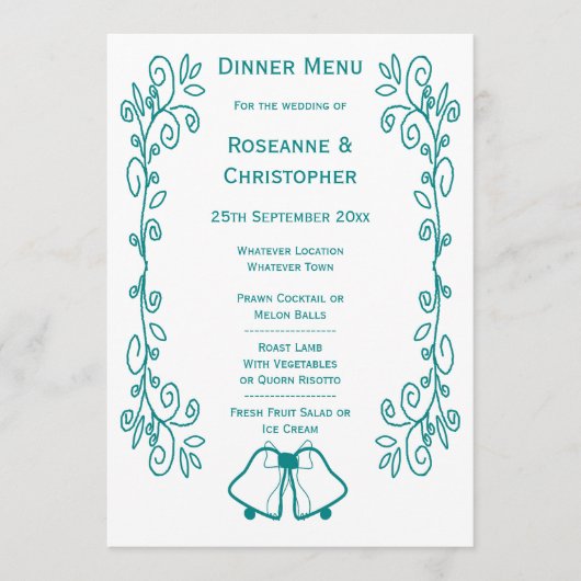 Blauwgroen Bells Scrollwork Ontwerp Wedding Menu (Voorkant)