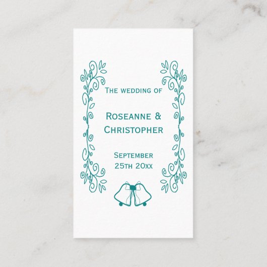 Blauwgroen Bells Scrollwork Ontwerp Wedding Plaatskaartje (Achterkant)