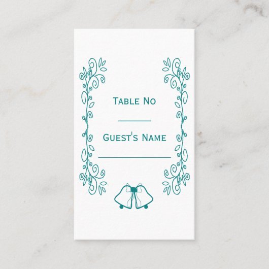 Blauwgroen Bells Scrollwork Ontwerp Wedding Plaatskaartje (Voorkant)