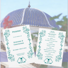 Blauwgroen Bells Scrollwork Ontwerp Wedding Programmakaart